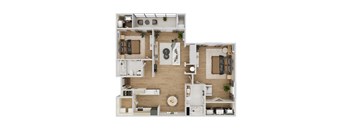 Top-down floor plan rendering of The Natchez, a 2-bedroom, 2-bathroom apartment with 1,137 square feet, showing the home's room arrangement and living spaces.
