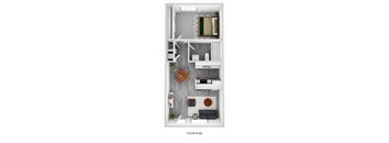 A floor plan of a small apartment with a kitchen, living room, and bedroom.