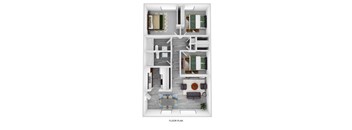 A floor plan of a house with a living room, dining room, kitchen, and two bedrooms.