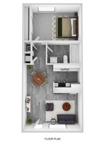 A floor plan of a small apartment with a kitchen, living room, and bedroom.