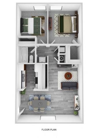 A floor plan of a house with a living room, dining room, kitchen, and two bedrooms.