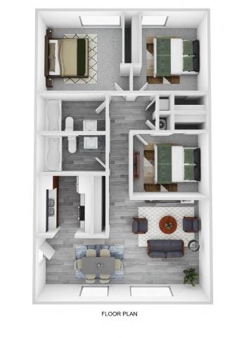 A floor plan of a house with a living room, dining room, kitchen, and two bedrooms.