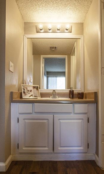 A bathroom with a white sink and a mirror above it.