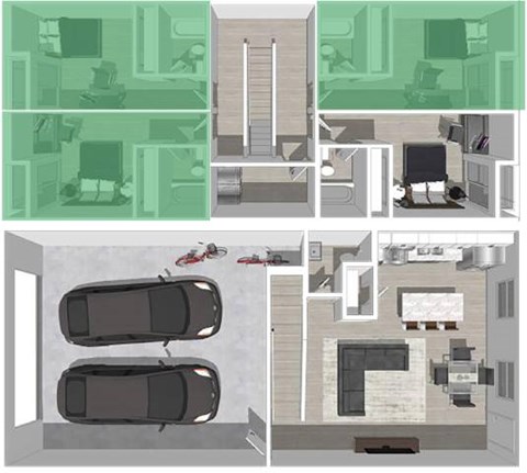 A diagram showing a top-down view of a house layout with two cars parked in the garage.