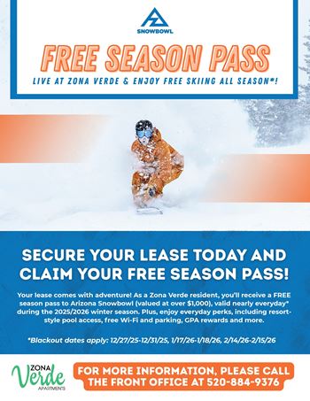 A poster advertising a free season pass to Arizona Snowbowl for Zona Verde residents.