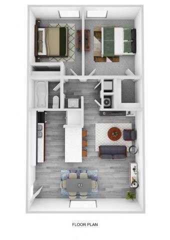 A floor plan of a house with a living room, dining room, kitchen, and two bedrooms.