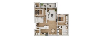 Top-down floor plan rendering of The Savannah, a 2-bedroom, 2-bathroom apartment with 990 square feet, showing the home's room arrangement and living spaces.