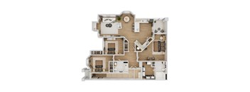 Top-down floor plan rendering of The Grand Reserve II, a 3-bedroom, 2-bathroom apartment with 1,539 square feet, showing the home's room arrangement and living spaces.