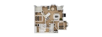 Top-down floor plan rendering of The Madison, a 2-bedroom, 2-bathroom apartment with 1,229 square feet, showing the home’s room arrangement and living spaces.