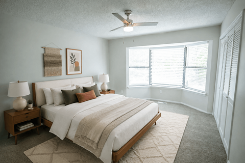 A bedroom with a large bed and a ceiling fan.
