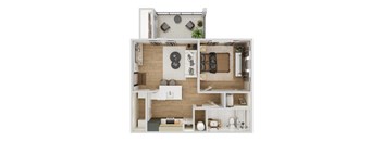 Top-down floor plan rendering of The Williamsburg, a 1-bedroom, 1-bathroom apartment with 567 square feet, showing the home’s room arrangement and living spaces.