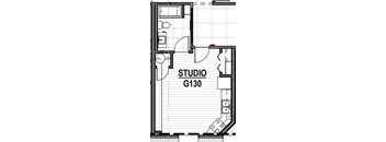 A floor plan of a studio apartment with the label "STUDIO G130" in the center.