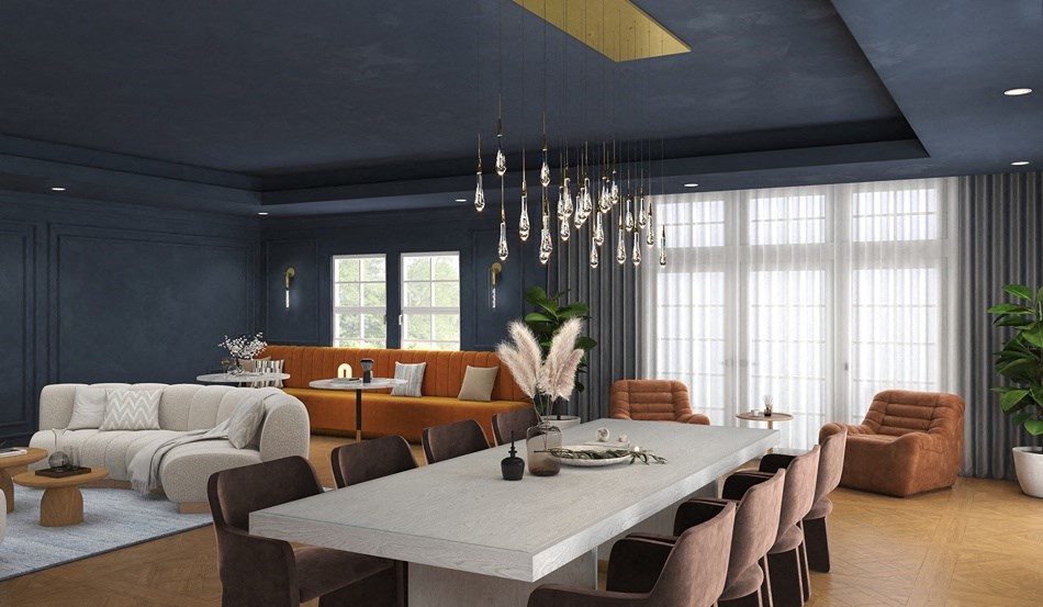 A modern dining room with a long table and chairs.