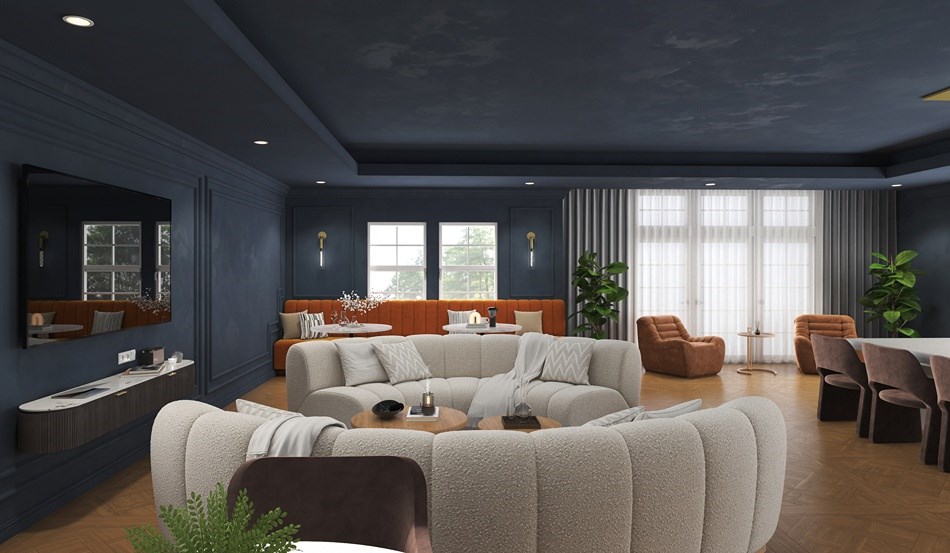 A modern living room with a grey sofa set and a wooden floor.