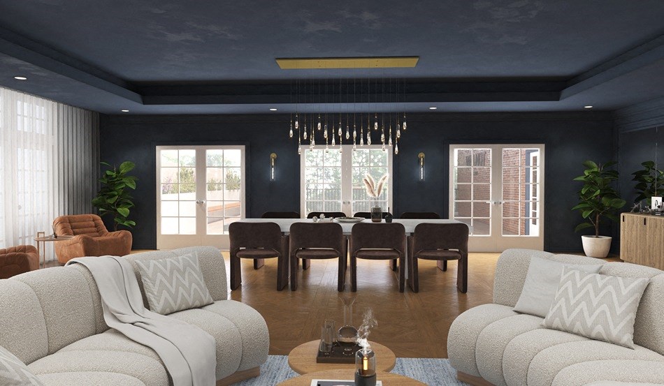 A modern living room with a large grey sofa and a wooden coffee table.