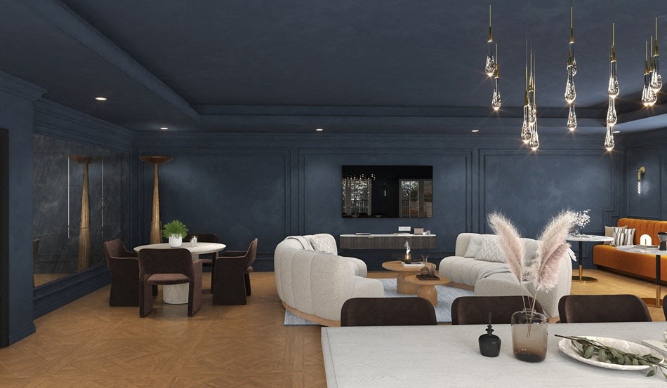 A modern living room with a dining table and chairs.