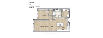 A floor plan of a Type 1A apartment with a bedroom, living room, kitchen, and bathroom.