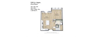 A floor plan for a TYPE 2A Duplex (First Floor) showing a living room, dining area, kitchen, and bathroom.