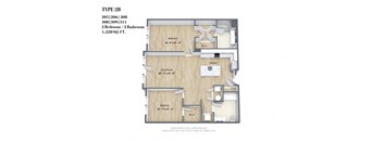 A Type 2B floor plan for a 2 bedroom, 2 bathroom apartment sized at 1,220 square feet.