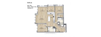 A floor plan for a TYPE 2G property with 201 square feet, featuring two bedrooms, two bathrooms, and a den.