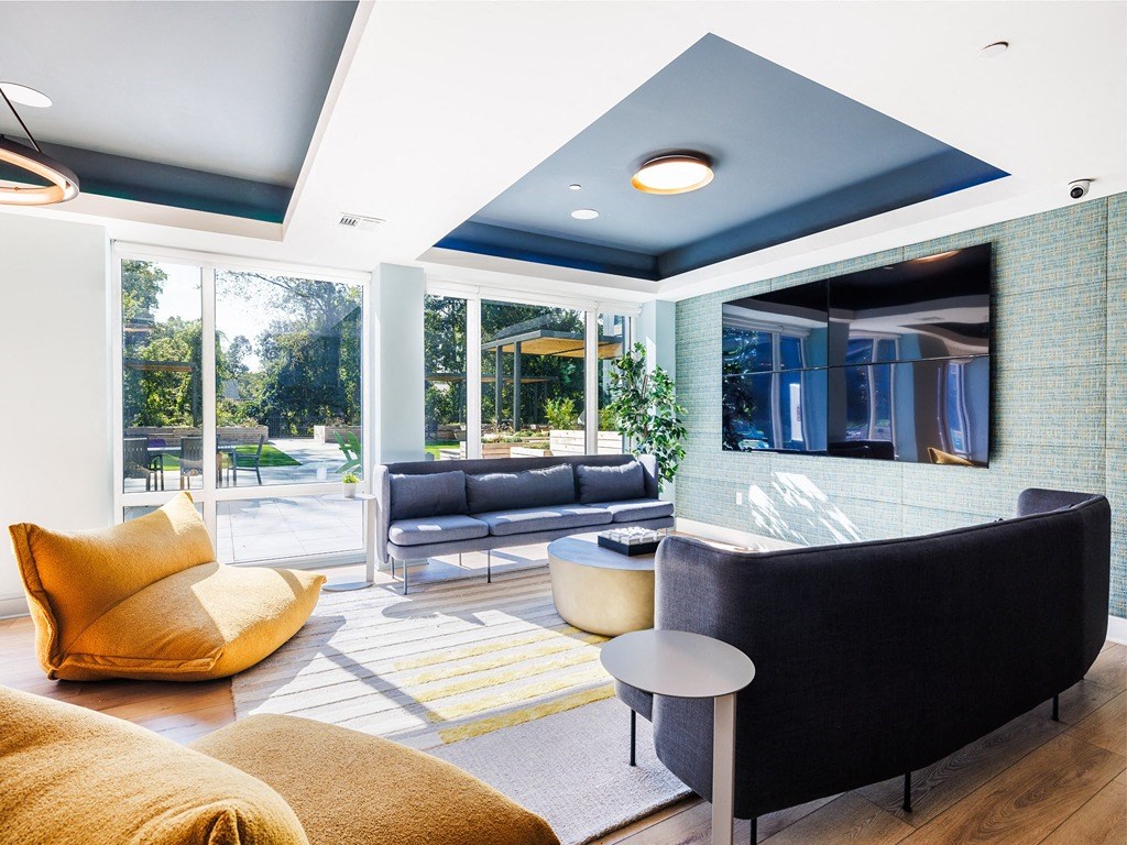 a living room with couches and chairs and a television