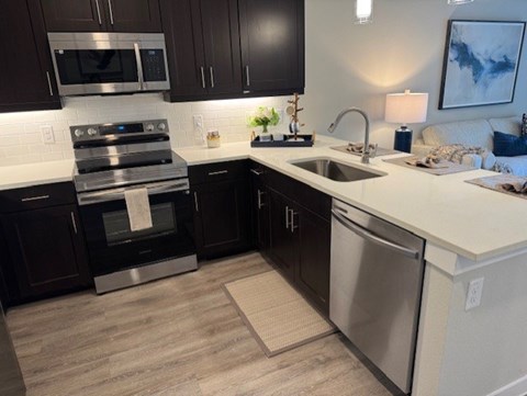 A modern kitchen with dark brown cabinets and stainless steel appliances.