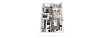 A 3D floor plan of a small apartment with a kitchen, living room, and bathroom.
