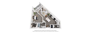 A 3D floor plan of a house with a kitchen, living room, and bathroom.