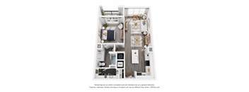 A floor plan of a small apartment with a kitchen, living room, and bathroom.