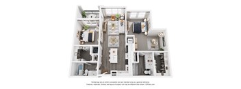 A 3D floor plan of a house with a kitchen, living room, and bathroom.