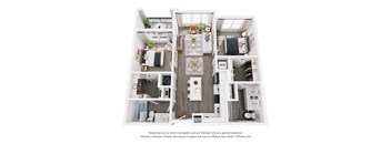 A 3D floor plan of a small apartment with a kitchen, living room, and two bedrooms.