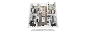 A 3D floor plan of a house with a kitchen, living room, dining room, and two bedrooms.
