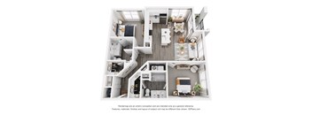 A 3D floor plan of a small apartment with a kitchen, living room, and bedrooms.