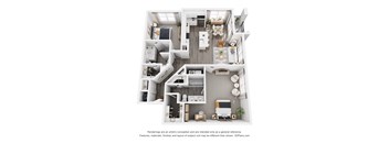 A 3D floor plan of a house with a kitchen, living room, and two bedrooms.