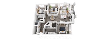 A 3D floor plan of a house with a kitchen, living room, and bathroom.
