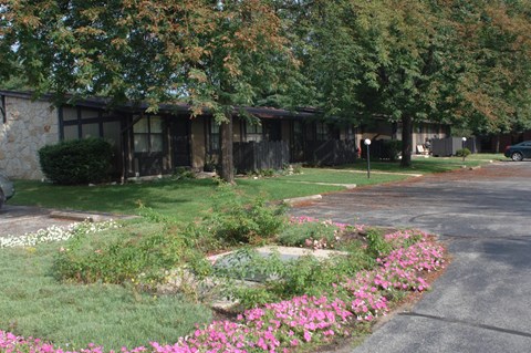 a yard with flowers in front of a building