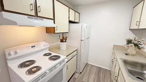 a kitchen with a stove and a refrigerator
