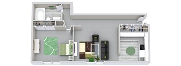 A white and green apartment layout with a kitchen, living room, and bathroom.
