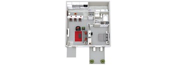 A floor plan of a small apartment with a kitchen, living room, and bathroom.