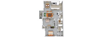 A floor plan of a two-bedroom apartment with a living room, kitchen, and bathroom.