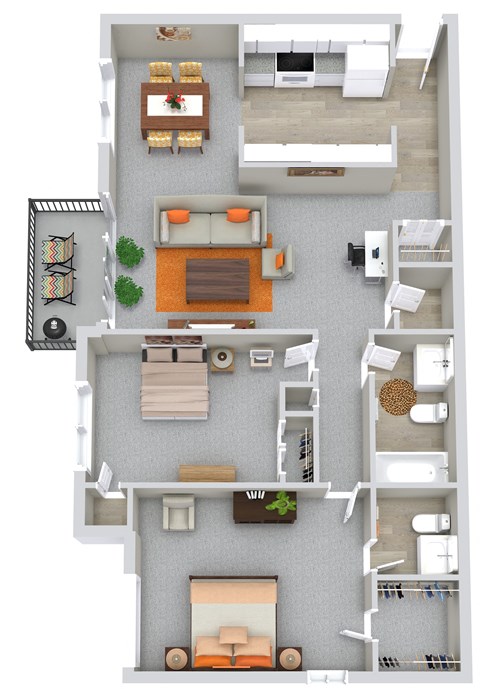 A floor plan of a two-bedroom apartment with a living room, kitchen, and bathroom.