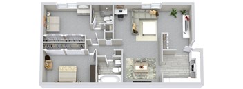 A 3D floor plan of a small apartment with a kitchen, living room, and bedroom.