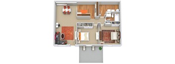 A 3D floor plan of a house with a living room, kitchen, and two bedrooms.