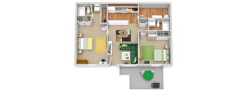 A 3D floor plan of a house with a kitchen, living room, and bedrooms.