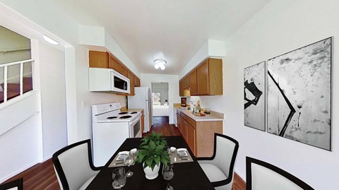 A black table with four chairs and a potted plant sits in a kitchen.