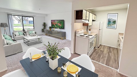 A modern living room with a dining table set for two.