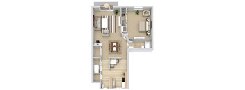 A top-down view of a living room, kitchen, and dining area.