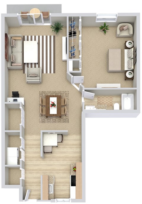 A top-down view of a living room, kitchen, and dining area.