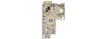 A 3D floor plan of a house with a living room, kitchen, and dining area.