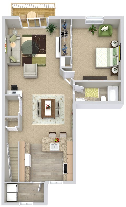 A 3D floor plan of a house with a living room, kitchen, and dining area.